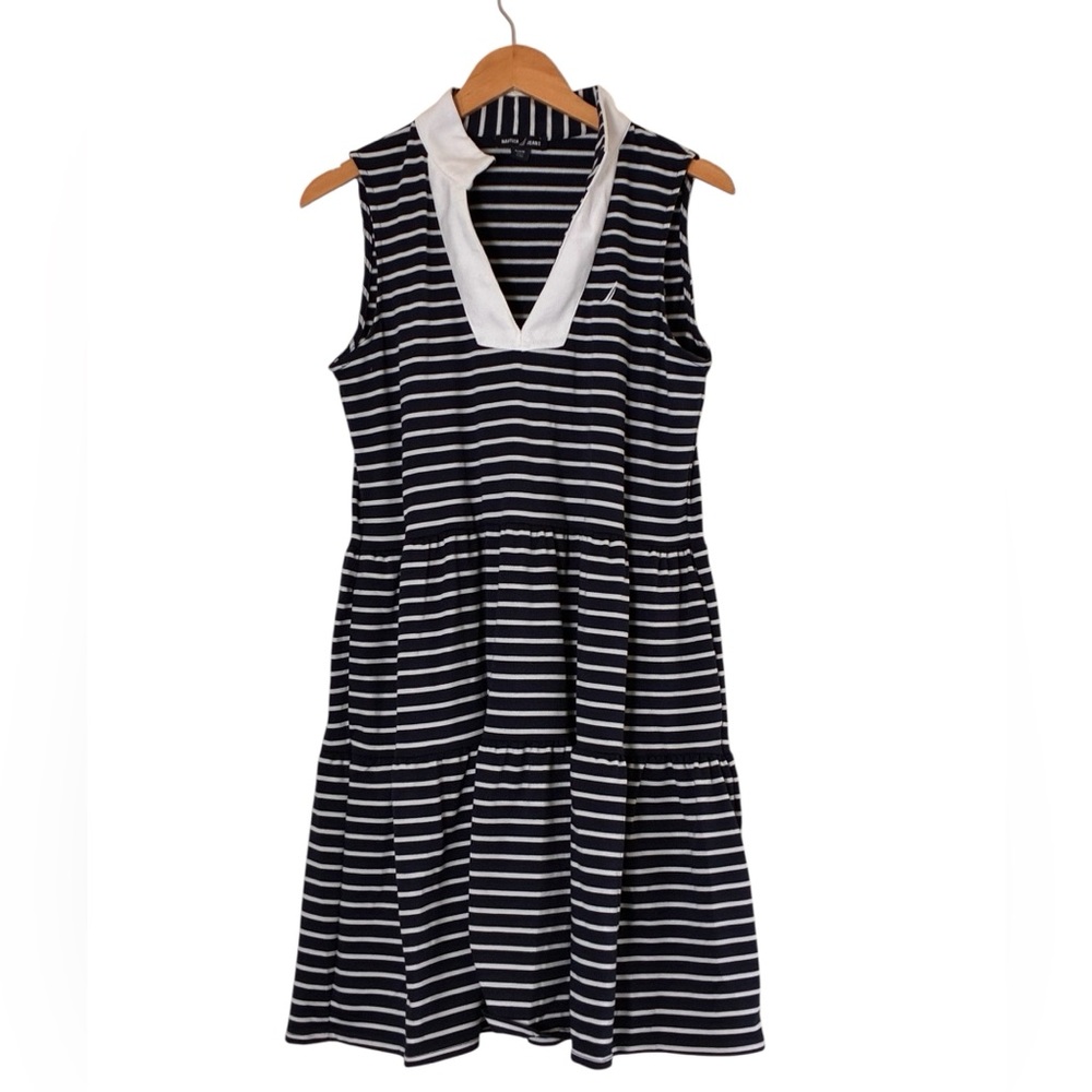 Nautica Jeans | Navy and white striped cotton collared v-neck tiered midi dress - Picture 2 of 14